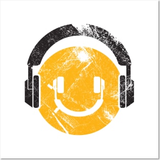 Happy Face Headphones Distressed Style Posters and Art